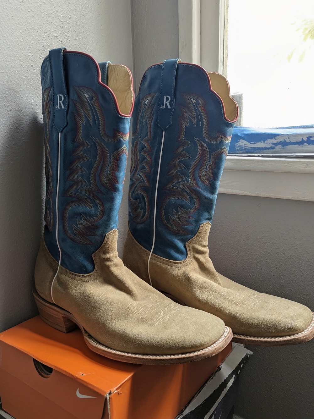 R. Watson Sand Roughout & Marine Blue Cowboy Boots (Size 13D)